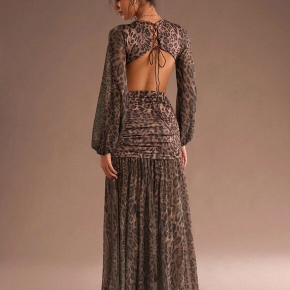 Multicolor Sexy Women's Leopard Print V Neck Backless Maxi Dress - Picture 2 of 7